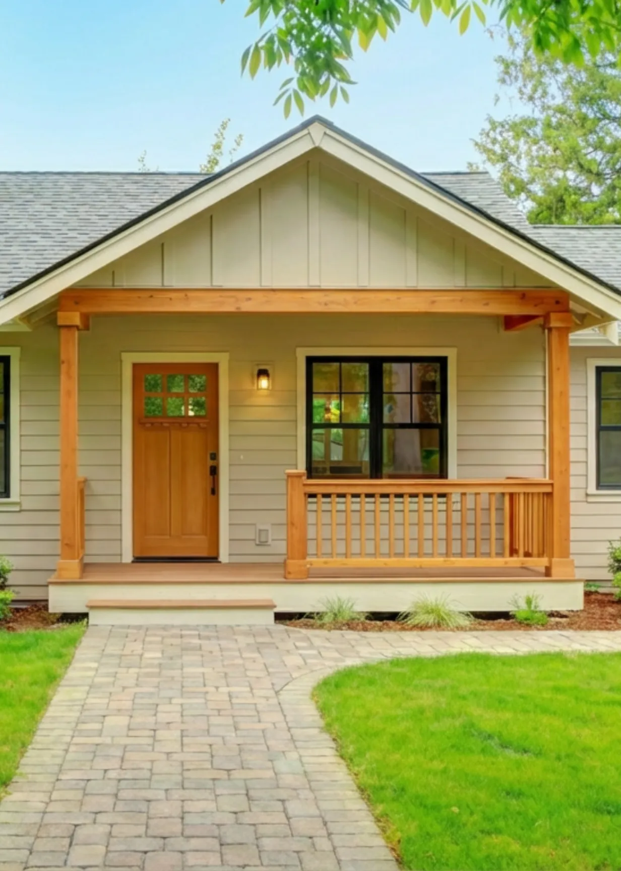 Front entrance of a custom-built ADU in Los Angeles by ADU Especialista LA, featuring a wooden porch, craftsman-style door, and stone paver walkway.