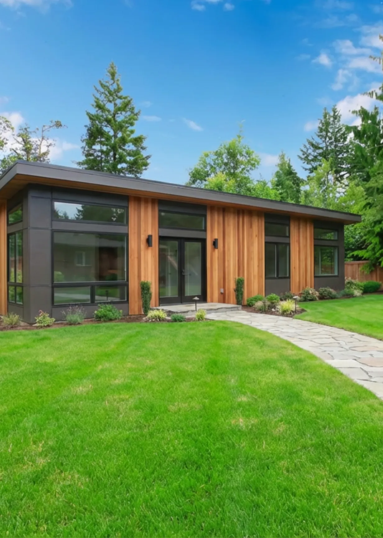 High-quality brick and limestone ADU exterior built by ADU Especialista LA, featuring a modern entryway and professional masonry work in a Los Angeles backyard.