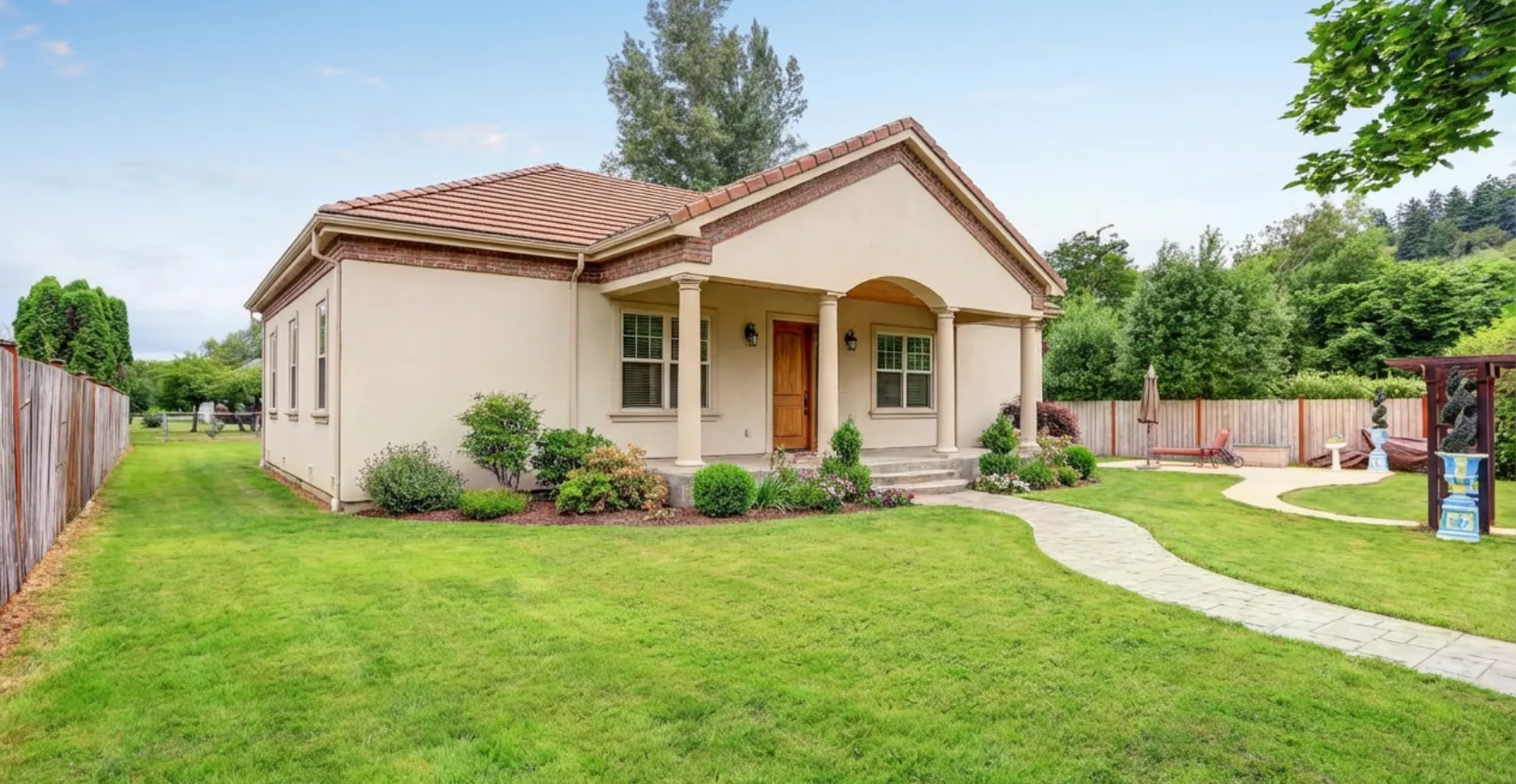 Completed detached ADU in Los Angeles backyard with modern design landscaping and walkway