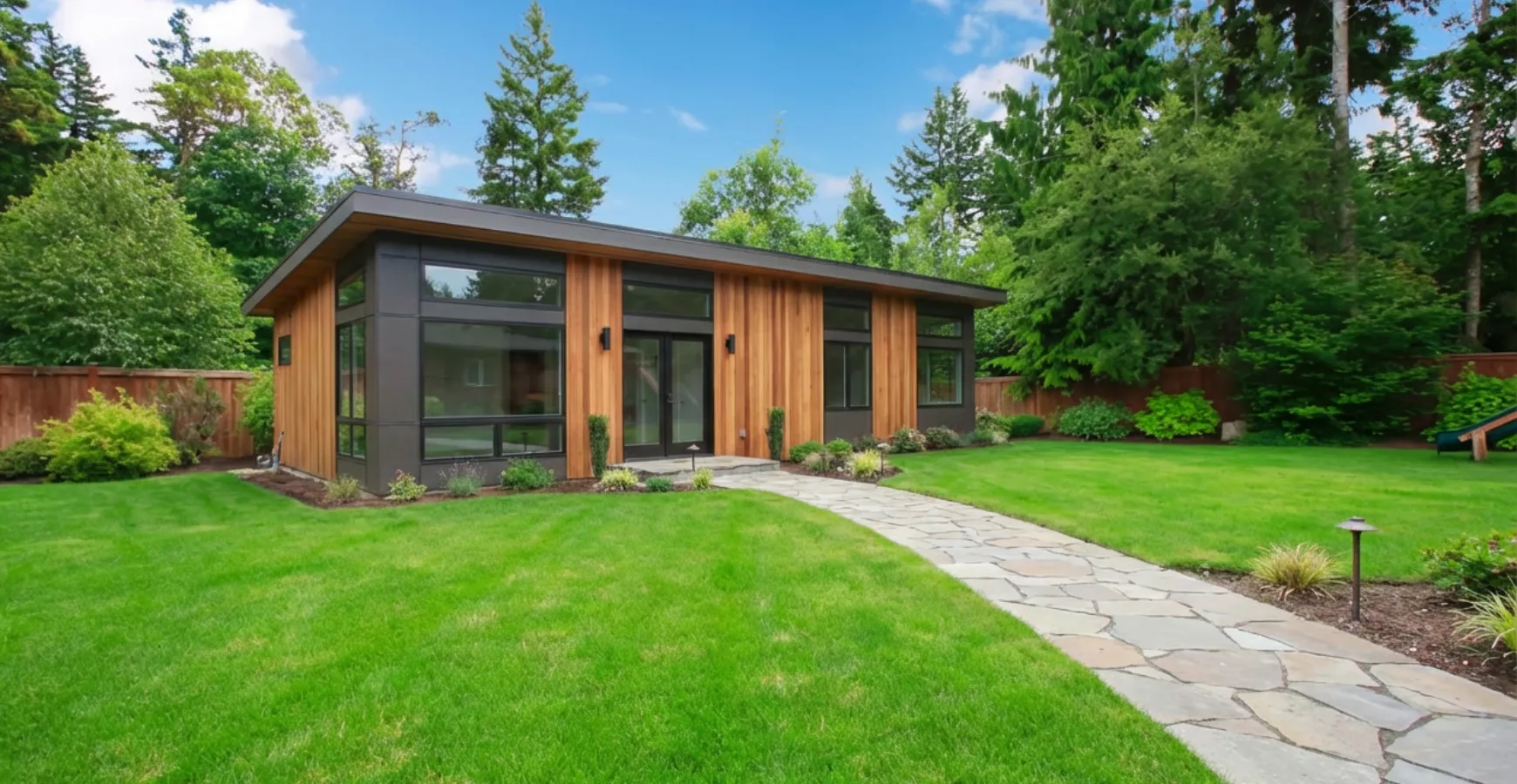 Modern prefab ADU installed in Los Angeles backyard featuring wood siding large glass windows and landscaped pathway