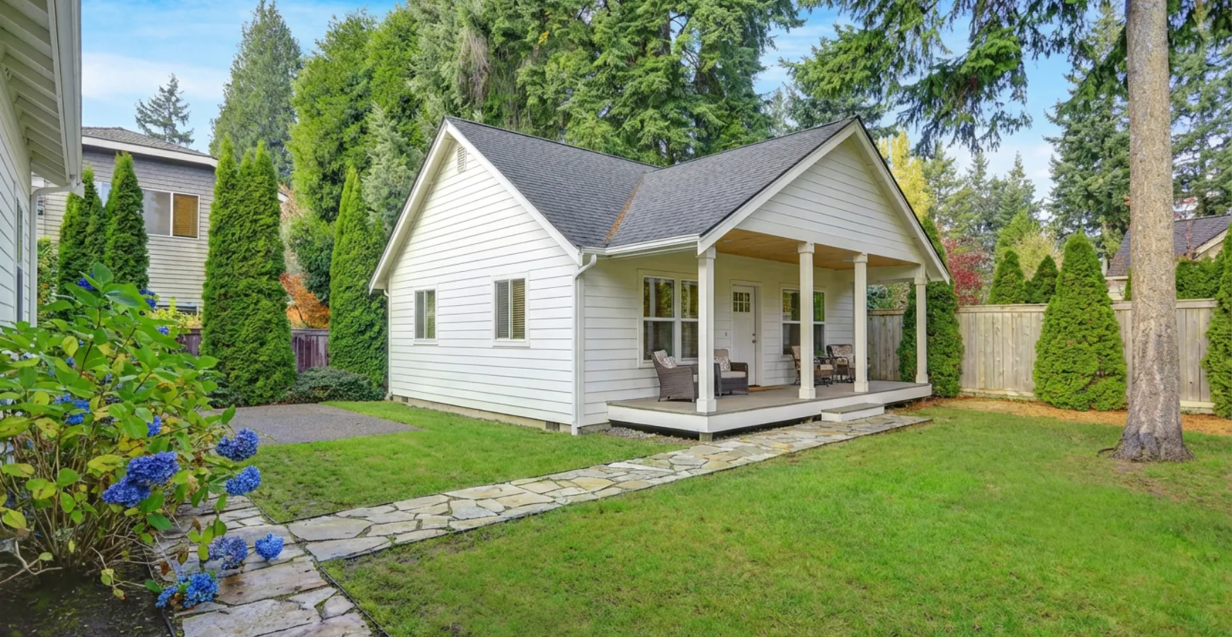 Detached ADU builders in Los Angeles completed modern backyard unit with covered porch and private entrance
