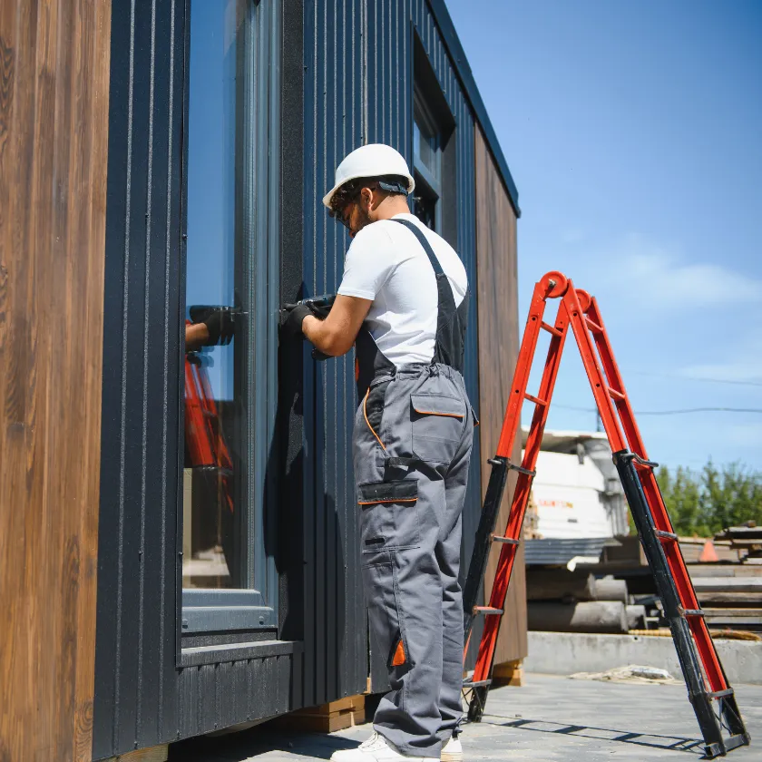 Prefab ADU installation Los Angeles worker placing modular unit on foundation
